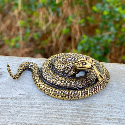 Solid brass coiled snake sculpture by Wild Brass, showcasing a detailed snake symbolizing strength, stealth, and power.