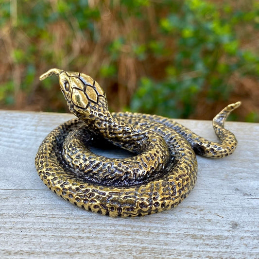Solid brass coiled snake sculpture by Wild Brass, symbolizing strength, stealth, and power, with detailed coiled snake design.