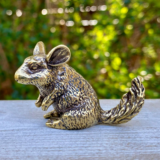 Solid brass chinchilla figurine by Wild Brass, symbol of joy, curiosity, and calm spirit, detailed and handcrafted.