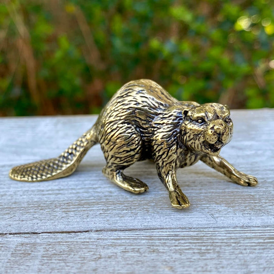 Solid brass beaver sculpture by Wild Brass, symbol of creativity, power, and determination, detailed and polished finish.